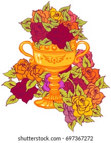 Realistic detailed illustration of holy grail cup with blooming roses with leafs, thorns. Graphic tattoo style colorful illustration. Design element for t-shirt print.