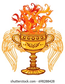 Realistic detailed illustration of holy grail cup with pair of spread wings and burning fire. Graphic tattoo style colorful image. Design element for t-shirt print.