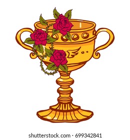 Realistic detailed illustration of holy grail cup with blooming roses with leafs, thorns. Graphic tattoo style colorful illustration. Design element for t-shirt print.