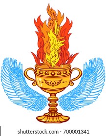 Realistic detailed illustration of holy grail cup with pair of spread wings and burning fire. Graphic tattoo style colorful image. Design element for t-shirt print.