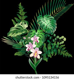 Realistic detailed illustration with tropical leaves and orchid flower. Colorfull and bright. Design elements for cosmetics products, wellness, spa and floristic shop.