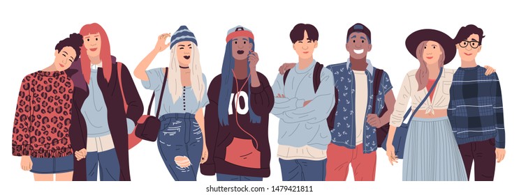 Realistic detailed llustration of fashion multiracial stylish young people friends buddies wearing street casual clothes stand hug of different races. Flat stock vector illustration white isolated
 - Shutterstock ID 1479421811