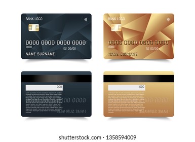 Realistic detailed luxury credit cards set with colorful abstract design background. Low poly  illustration. Vector.