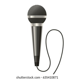 Realistic Detailed Modern Metal Microphone witch Mesh and Cable Isolated on a White Background . Vector illustration