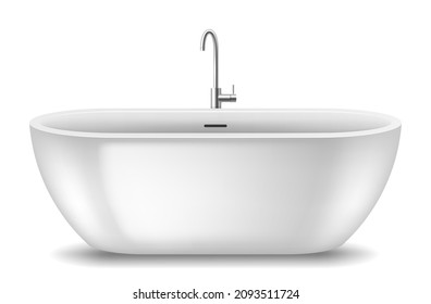 Realistic detailed modern white bath with faucet element of bathroom. Stylish acrylic bathtub for washroom interior. Template 3d vector illustration