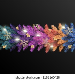 Realistic, detailed New Year's garland made of colorful pine tree branches to create postcards, banners for the site. Realistic xmas decoration elements.