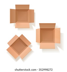 Realistic detailed open cardboard box set. Top view point. Isolated on a white background. Vector illustration.