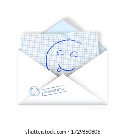 realistic detailed open mail envelope with a notebook sheet and a painted smile. Unexpected pleasant surprise. Isolated vector on white background