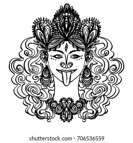 Realistic detailed ornamental illustration of hindu goddess Kali. Graphic tattoo style monochrome art. Design for t-shirt, clothes, card print.