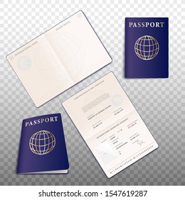 Realistic detailed passport mockup set of 3d vector illustrations isolated on transparent background. Open and closed ID document for traveling and tourism topic design.