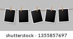 Realistic detailed photo icon design template. Photo frames hanging on the rope with clothespins isolated on transparent background