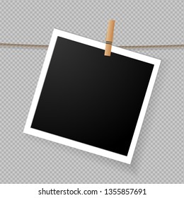 Realistic detailed photo icon design template. Photo frame hanging on the rope with clothespin isolated on transparent background