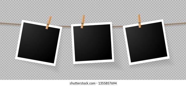 Realistic detailed photo icon design template. Photo frames hanging on the rope with clothespins isolated on transparent background