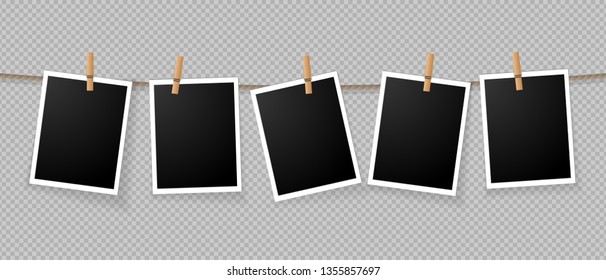 Realistic detailed photo icon design template. Photo frames hanging on the rope with clothespins isolated on transparent background