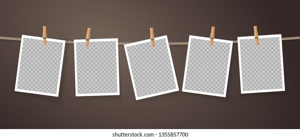 Realistic detailed photo icon design template. Photo frames hanging on the rope with clothespines