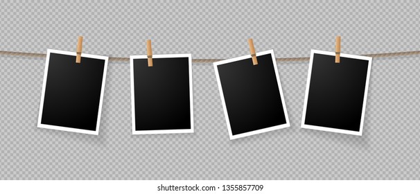 Realistic detailed photo icon design template. Photo frames hanging on the rope with clothespins isolated on transparent background