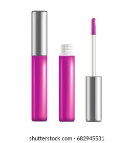 Realistic Detailed Pink Lip Gloss Set Open and Close Personal Woman Beauty Product. Vector illustration