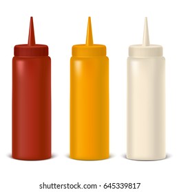 Realistic Detailed Plastic Bottle Set for Sauce, Mustard and Ketchup Template Isolated on White Background. Vector illustration
