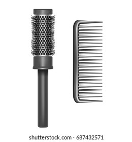 Realistic Detailed Plastic Brush or Hairbrush Set for Care Hair and Styling. Vector illustration