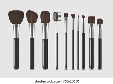 Realistic Detailed Professional Cosmetic Brushes Narrow Set Fashion Female Accessory Design Element Beauty Makeup Elements Isolated On Grey Background. Vector illustration