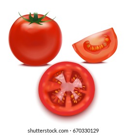 Realistic Detailed Red Tomato and Segment Parts Fresh Healthy Vegetable for Restaurant, Shop or Store. Vector illustration