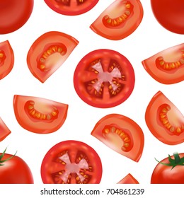 Realistic Detailed Red Tomato and Segment Parts Background Pattern Fresh Healthy Vegetable for Restaurant, Shop or Store. Vector illustration