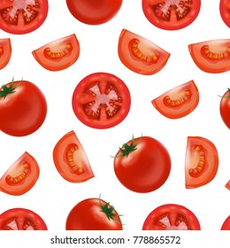 Realistic Detailed Red Tomato and Segment Parts Seamless Pattern Background on a White Fresh Healthy Vegetable for Restaurant, Shop or Store. Vector illustration
