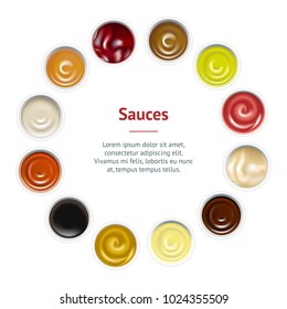 Realistic Detailed Sauces in Plate Banner Card Circle Ketchup, Mustard, Mayonnaise, Wasabi and Other Top View Portion. Vector illustration of Sause for Menu