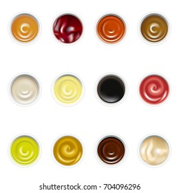 Realistic Detailed Sauces in Plate Set Ketchup, Mustard, Mayonnaise, Wasabi and Other Top View Portion. Vector illustration of Sause for Menu