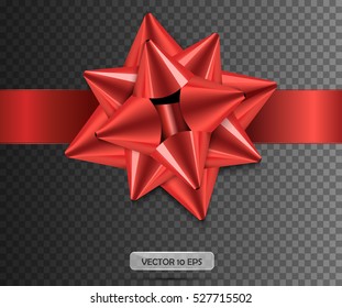 Realistic detailed shiny satin Red bow with ribbon.Vector illustration,EPS10.Overlay. Isolated on transparent background. For gift and present decoration.Poster element, design template. Easy to edit.