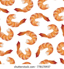 Realistic Detailed Shrimp Seamless Pattern Background on a White Fresh Tasty Seafood for Restaurant Menu or Market. Vector illustration