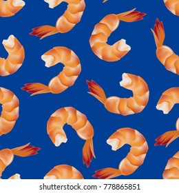 Realistic Detailed Shrimp Seamless Pattern Background on a Blue Fresh Tasty Seafood for Restaurant Menu or Market. Vector illustration