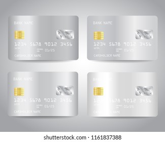 Realistic detailed silver credit cards set with abstract white chrome metallic gradient design background. White, silver colors. Vector illustration EPS10