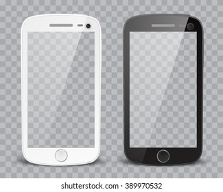 Teléfonos inteligentes detallados y realistas con pantalla en blanco aislados en fondo transparente. Transparencia sólo en formato vectorial