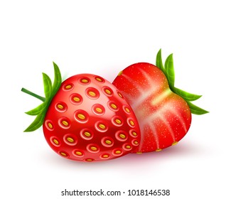 Realistic detailed strawberry slice closeup isolated. Delicious vector fresh red berry fruit with seeds, green leaves.