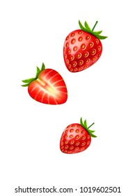 Segmento de fresa detallado y realista aislado. Delicioso vectorial, fruta fresca de baya roja con semillas, hojas verdes. Dibujo de diseño de carteles para el envasado de verano de alimentos ecológicos frescos