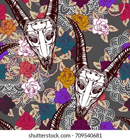 Realistic detailed tile pattern of animal skull with horns, rose, leaf, thorns, abstract decorative elements. Dark goth graphic tattoo style art. Textile, clothes, fabric, paper print.