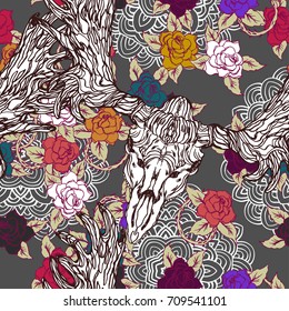 Realistic detailed tile pattern of animal skull with horns, rose, leaf, thorns, abstract decorative elements. Dark goth graphic tattoo style art. Textile, clothes, fabric, paper print.