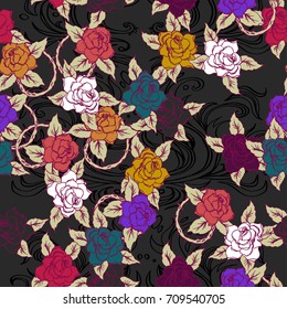 Realistic detailed tile pattern of rose, leaf, thorns, abstract decorative elements. Dark goth graphic tattoo style art. Textile, clothes, fabric, paper print.
