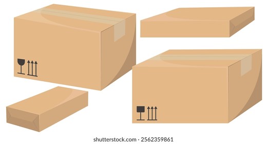 Realistic and detailed vector illustrations of cardboard delivery boxes, with front and side views of craft-style packaging.