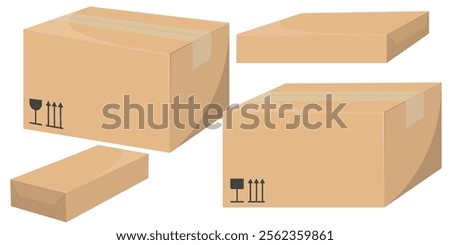 Realistic and detailed vector illustrations of cardboard delivery boxes, with front and side views of craft-style packaging.