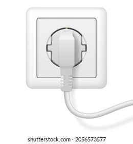 Pluma blanca detallada realista insertada en la toma eléctrica blanca. Ilustración vectorial.