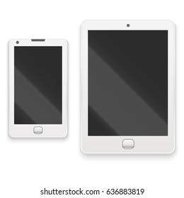 Realistic Detailed White Tablet and Phone Electronic Communication Technology Device, Digital Screen Display. Vector illustration