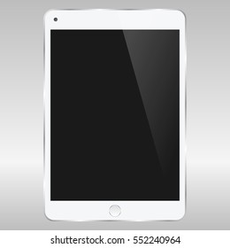 realistic detailed white tablet with touch screen isolated on grey background. White Tablet PC vector mockup.