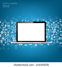 Realistic detalized flat laptop with application icons.