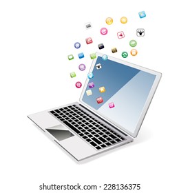 Realistic detalized flat laptop with application icons.