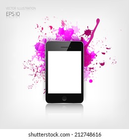 Realistic detalized flat smartphone with abstract splashes.