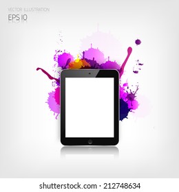 Realistic detalized flat tablet with abstract splashes.