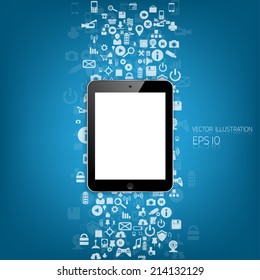 Realistic detalized flat tablet with application icons.