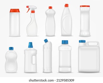 Realistic Detergent Bottle. 3d Bottles Domestic Cleaner, Mockup Detergents Packaging Container, Liquids For Dirt Cleaning Equipment, Isolated Tidy Vector. Illustration Of Detergent Plastic Packaging